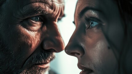 Poster - A man and a woman are engaged in an intense gaze towards each other. This image can be used to depict love, connection, relationships, or romance