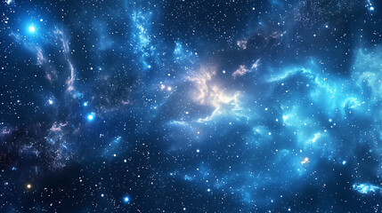 a space of blue stars and planets