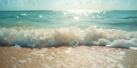 Poster - A close-up view of a wave crashing on a sandy beach. Perfect for beach and nature-themed designs