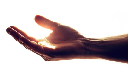 close-up of a hand with extended fingers, catching the light, isolated white background generative a