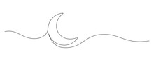 One Continuous Line Drawing Of Moon. Ramadan Kareem Banner In Simple Linear Style. Sleep Symbol With Crescent In Editable Stroke. Doodle Outline Vector Illustration