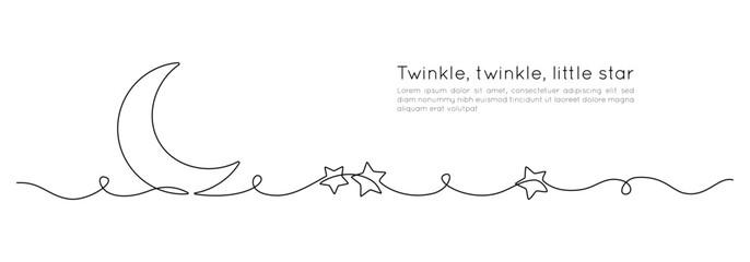 Aufkleber - One continuous line drawing of Moon with stars. Ramadan Kareem banner in simple linear style. Sleep symbol with crescent in Editable stroke. Doodle outline vector illustration