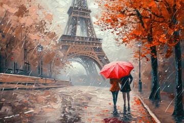 Sticker - A painting depicting two individuals walking in the rain, sheltered under an umbrella. This image can be used to evoke feelings of companionship and protection during a rainy day