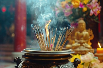 Aufkleber - Incense sticks placed in a metal bowl with a candle in the background. Perfect for creating a soothing atmosphere or for spiritual practices