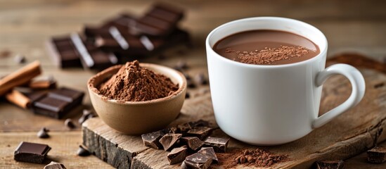 Wall Mural - Front view of hot chocolate in a white mug with cocoa powder and pieces in a bowl on a wooden table, isolated on a white background.