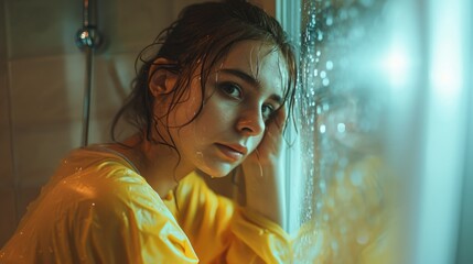Poster - A woman wearing a yellow shirt gazes out of a window. This image can be used to depict curiosity, contemplation, or longing