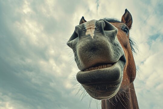 A close-up shot of a horse's face with a dramatic cloudy sky in the background. Perfect for adding a touch of nature and serenity to your designs