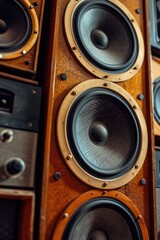 Aufkleber - A pile of speakers stacked on top of each other. Perfect for music events, concerts, or audio-related projects
