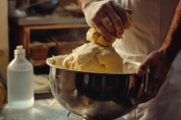 Poster - A person mixing dough into a metal bowl. Perfect for baking and cooking projects