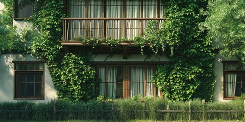 Aufkleber - A building adorned with a variety of plants growing on its side. Can be used to depict urban greenery or sustainable architecture