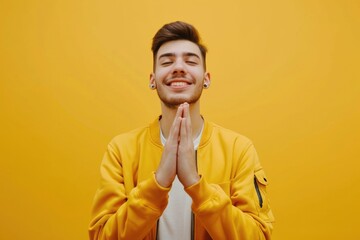 Poster - A young man wearing a yellow jacket with a cheerful smile. Suitable for various uses