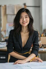 Poster - A woman sitting at a table with a pencil in her hand. This image can be used for various creative and business purposes