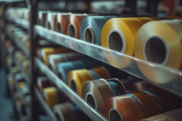 Poster - Colorful tape rolls neatly arranged on a shelf. Perfect for crafts, packaging, or DIY projects
