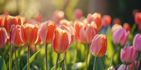 Poster - A beautiful field of pink and orange tulips illuminated by the sun. Perfect for springtime designs and floral themes