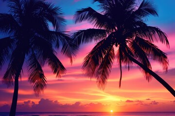 Poster - Palm trees standing tall on a sandy beach, creating a serene tropical atmosphere. Perfect for vacation and travel-related designs