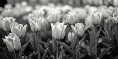 Poster - A black and white photo capturing a field of tulips. This versatile image can be used for various purposes