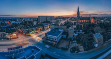 View At Pabianice City And Church Of Our Lady Of The Rosary From A Drone At Sunset