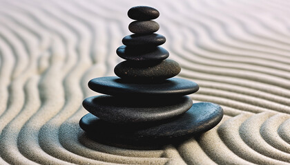 Poster - Stacked pebbles create harmony and tranquility in nature generated by AI