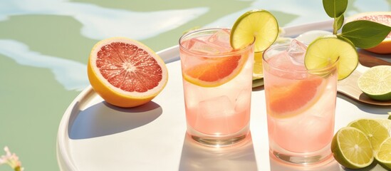 Sticker - Refreshing citrus cocktails with grapefruit, lime, and ice, perfect for a summer brunch.