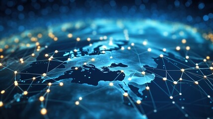 Poster - Concept image showing a networked globe with connections across a digital map, representing global interconnectivity