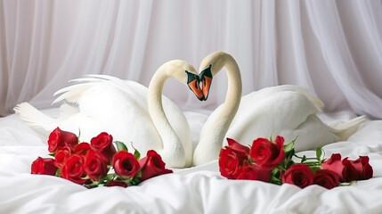 two swans made from towels are kissing on honeymoon white bed. valentine signature made from red ros