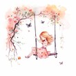 Aquarell eines Mädchen dass auf einem Ast mit Blumen schaukelt Illustration