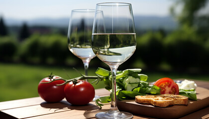 Wall Mural - Fresh tomato on table, wineglass, nature's drink, generated by AI