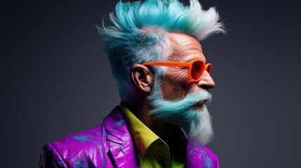 Wall Mural - Portrait of bearded age model man with stylish colored hair and beard in fashionable bright glasses. Dyed hair senior men. Hair and beard trendy style for old men. Merman trend, rainbow colored hair