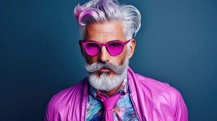 Wall Mural - Portrait of bearded age model man with stylish colored hair and beard in fashionable bright glasses. Dyed hair senior men. Hair and beard trendy style for old men. Merman trend, rainbow colored hair