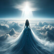 Back View of a Sexy Etheric Goddess Woman Model in a Dress Evening Gown Praying in the Heaven Sky Clouds with a Beam of Light & Love Overhead. Walk Towards Forward in Spiritual Soul Journey Ascension