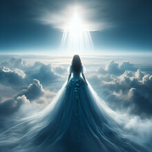 Back View Of A Sexy Etheric Goddess Woman Model In A Dress Evening Gown Praying In The Heaven Sky Clouds With A Beam Of Light & Love Overhead. Walk Towards Forward In Spiritual Soul Journey Ascension