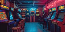 Vintage Arcade With Retro Video Games And Colorful Neon Lights