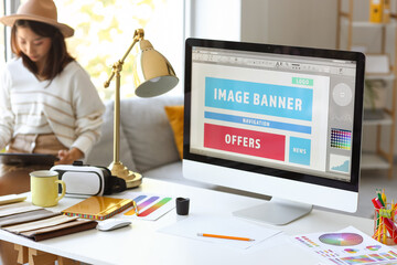 Poster - Interior designer's workplace with computer monitor in office, closeup