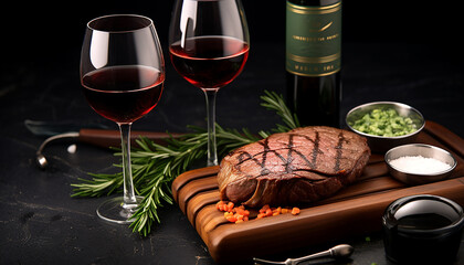 Wall Mural - Grilled steak, wine, gourmet meal on rustic table, generated by AI