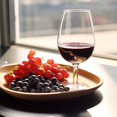 Canvas Print - Freshness of grape, wineglass on wooden table, generated by AI