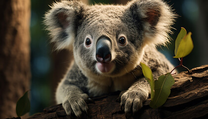 Canvas Print - Cute koala sitting on branch, looking at camera generated by AI