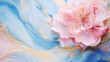 Marbled oil acryl painted texture, liquid fluid abstract background in blue golden texture with pastell pink flower