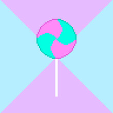 Pixel Art Of Pink And Blue Lollipop On Light Blue And Purple Background