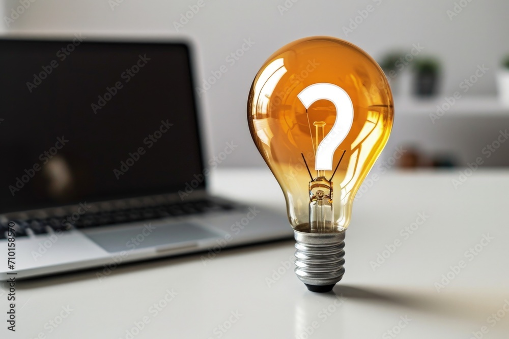 Light bulb with question mark sign and laptop, office in the background ...