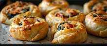 Homemade Puff Pastry Pizza Rolls With Spinach, Chicken, And Cheese, Taste Delicious.