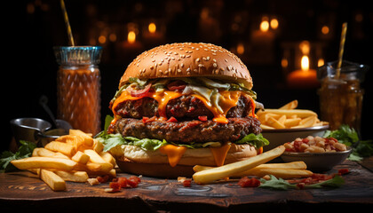 Wall Mural - Grilled cheeseburger with fries, a classic American meal generated by AI