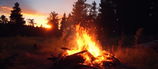 Wall Mural - Sunset bonfire in forest meadow; Slowmotion fireplace in nature.