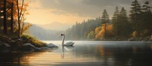A Serene Lake With A White Swan And A Grey Goose Gracefully Swimming.
