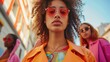 Street-style photography with models wearing outfits in Apricot Crush trendy color, urban background, showcasing vibrancy and mood-boosting effects