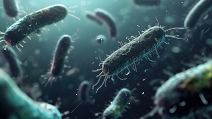 Wall Mural - Microorganisms with teal flagella against a dark background