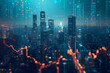 Double exposure of business chart and cityscape background. Financial and stock market concept