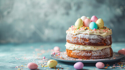 Pastel-colored Easter eggs arranged artistically around a frosted carrot cake, Easter, blurred background, with copy space