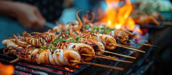 Wall Mural - Asian street food in Bangkok with grilled squids on charcoal stoves.