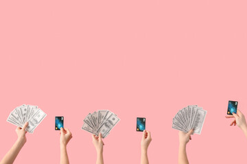 Poster - Women with credit cards and dollar banknotes on pink background