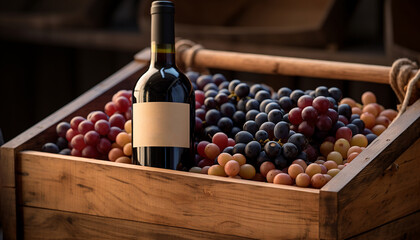 Poster - Grape vineyard, wood barrel, wine bottle, fresh fruit generated by AI